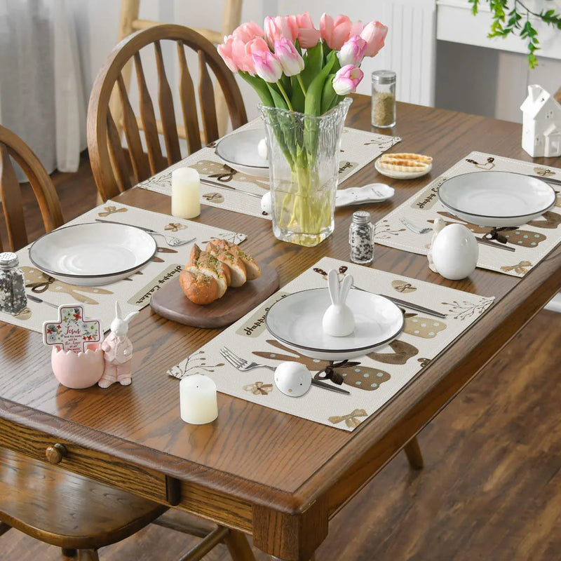 2024 Easter Rabbit Table Runner Linen Bunny Dining Table Cloth Placemat Spring Holiday Happy Easter Decoration For Home Kitchen