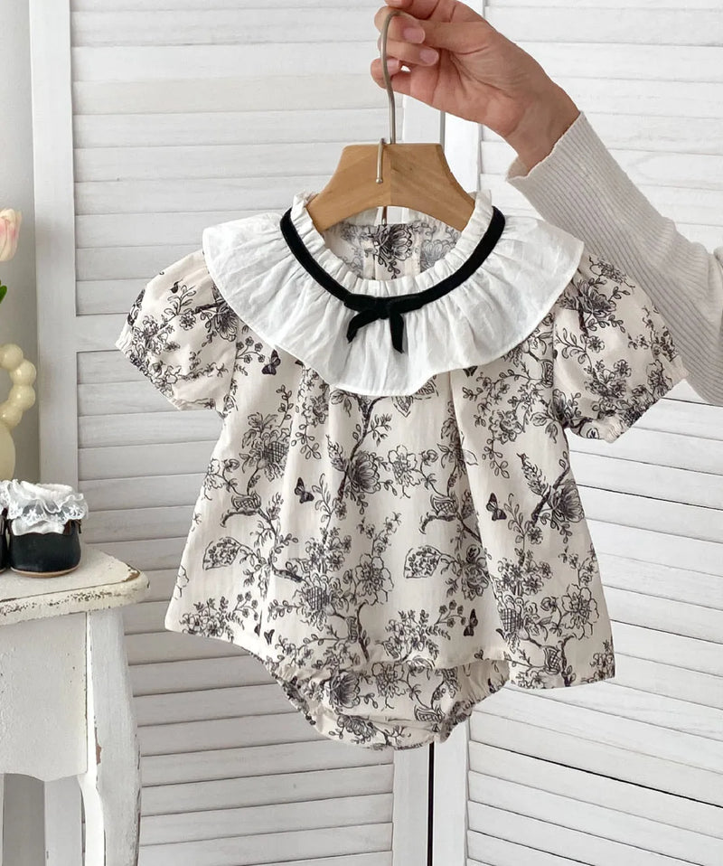 2PCS Summer Floral Baby Girl Suit New Autumn Fashion Lace Bow Baby Girls' Set Peter Pan Collar Shirt and Shorts Princess Outfits