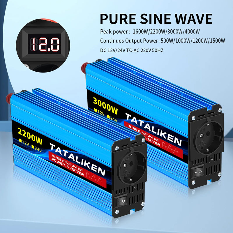 1600W/2200W/3000W/4000W Pure Sine Wave Inverter DC 12V/24V to AC 220V 50hz Power Inverter Charger Converter Adapter EU Socket