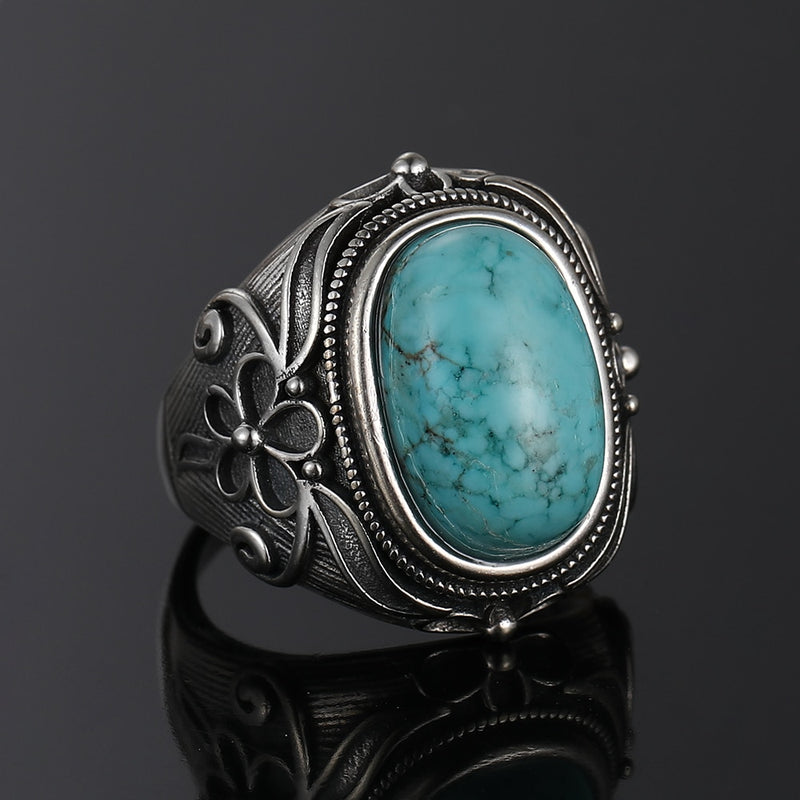 Natural Turquoise Ring Lady Silver Jewelry Retro Party Ring 11X17MM Large Ellipse Gem Gift Wholesale