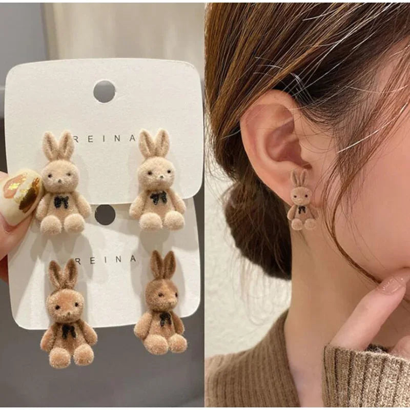 Fashion Korea Silver Needle Autumn and Winter Earrings Cute Flocking Rabbit Ear Studs Jewelry Bear Earrings for Women Girls 2023