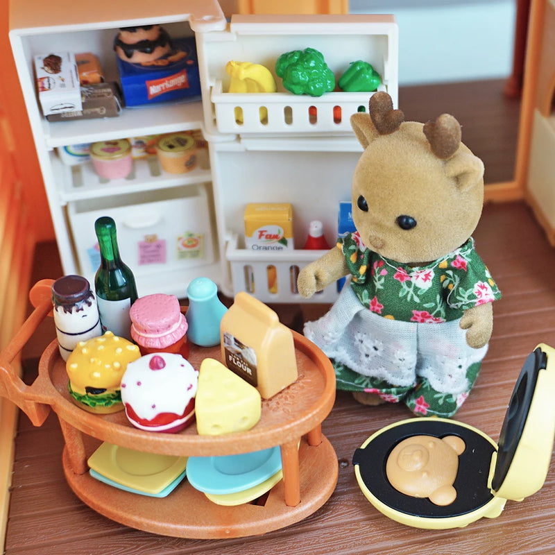 Forest Family 1/12 Kitchen Furniture Bathroom Bedroom Bakeware Sets Miniature Model Dollhouse Accessories Refrigerator Girl Gift