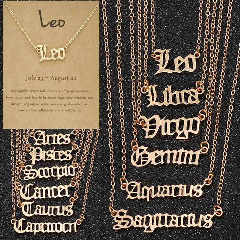 Simple 12 Zodiac Constellations Pendant with Figaro Chain Gold Color Letter Leo Necklace Women Birthday Girlfriend Jewelry Gift