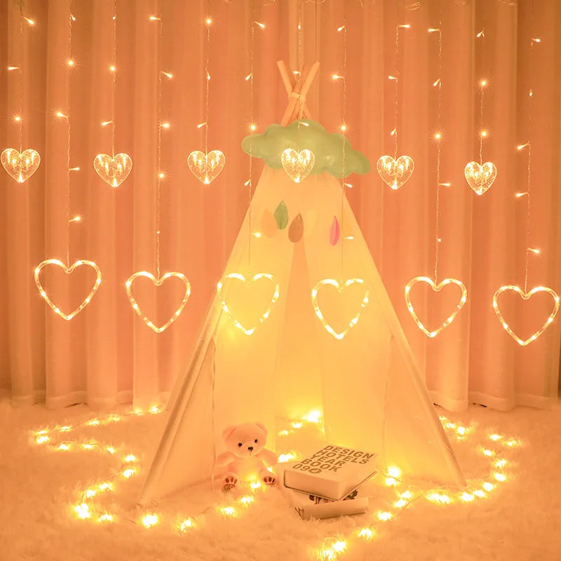 LED Fairy String Lights Heart Shaped Curtain Hanging Light Christmas Garland Outdoor for Party Home Wedding New Year Decor