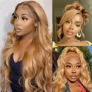 #27 Honey Blonde Human Hair Wigs 13X4 Transparent Lace Pre Plucked Body Wave Human Hair Lace Frontal Wig 200 Density 32 inch