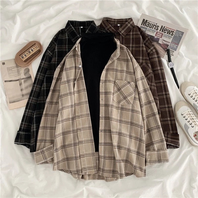 Vintage Plaid Shirts Women Autumn Long Sleeve Oversize Button Up Shirt Korean Fashion Casual Fall Outwear Tops Blusas Mujer 2021