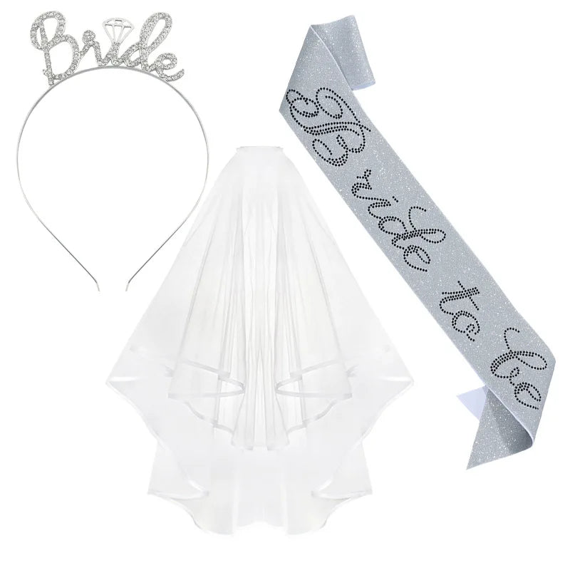 3pcs Wedding Engagement Party Bridal Shower Decorations Supplies Bride To Be Tiara Crown Sash Veil Set Bachelorette Party Favors