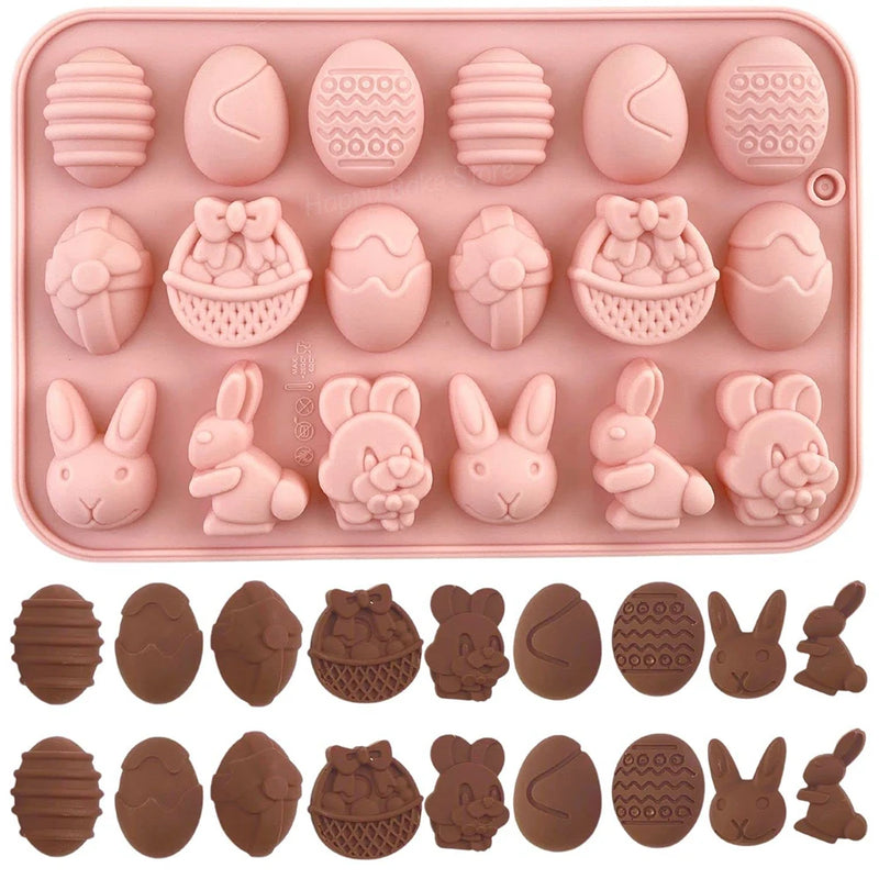 18-Cavity Easter Silicone Chocolate Mold Egg Rabbit Bunny Shaped Mould Candy Jelly Cocoa Bombs Making of Easter Party Decoration