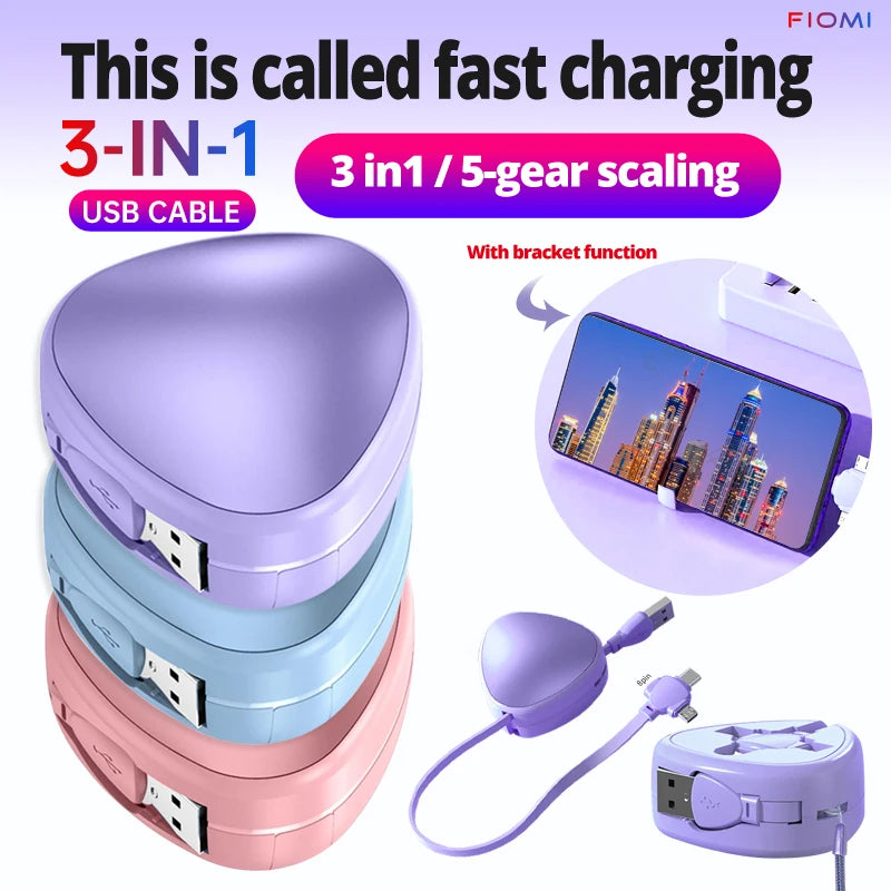 3In1 120W 6A Super Fast Charging Cable For IPhone Micro USB Type C Multi Quick Charger Retractable Roller Usb Car Charger Cable