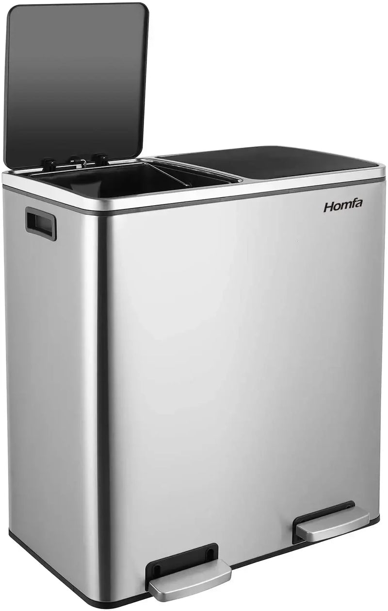 Brushed Stainless Steel 60L/16Gallon Rectangular Hands-Free Dual Compartment Recycling Kitchen Step Trash Can w/ Soft-Close Lid