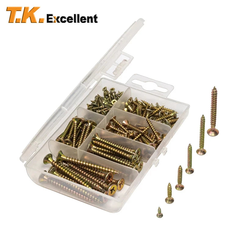 T.K.Excellent 140Pcs Flat Head Phillips Yellow Zinc Wood Screws Assortment Kit Woodworking 6 Sizes