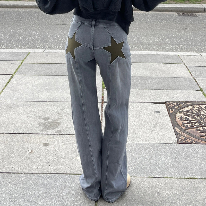 Women Fashion Jeans Star Pattern Loose Denim Pants Spring Fall Casual Low Waist Trousers Wide Leg Pants