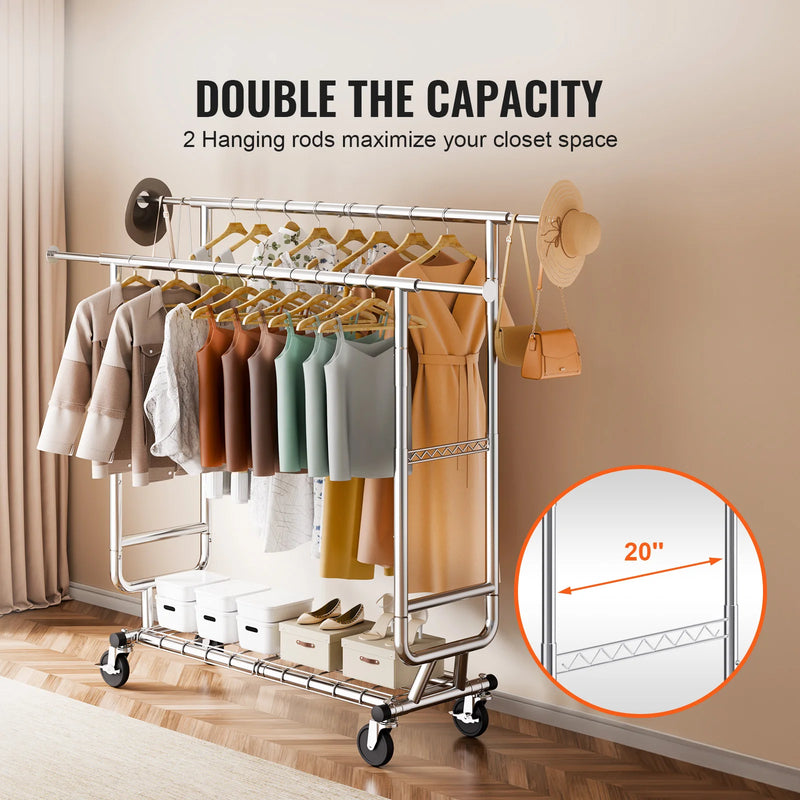 SucceBuy Clothing Garment Rack Heavy Duty Clothes Rack Adjustable Length Clothes Rack w/ Bottom Shelf & Wheels for Laundry Room