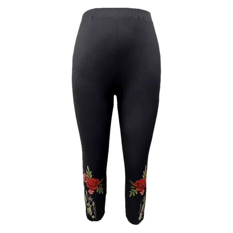 Women Rose Printed Lace Panel Slim Black Pants Female Casual Yoga Sports Elastic Leggings  S-2XL