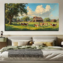 Charming vintage farmhouse canvas painting - gold frame, with cattle and old barns, 1.5 inch thick pine solid wood frame