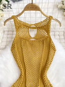 SINGREINY Yellow Sleeveless Jumpsuit Women Hollow Out O Neck Elegant Stretch Transparent Ladies Casual Summer Slim Rompers