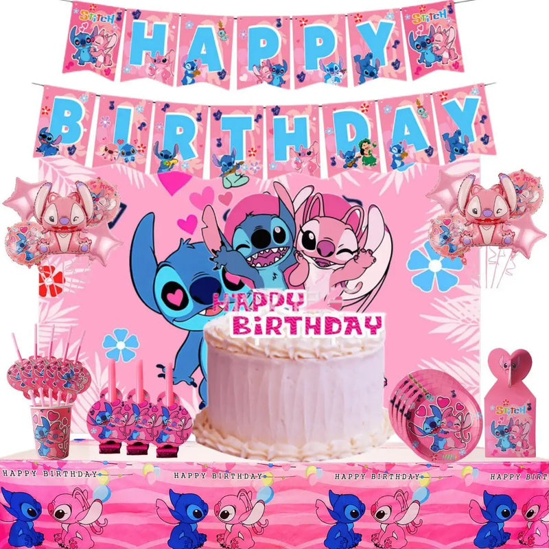 Disney Pink Lilo & Stitch Birthday Party Supplies Disposable Tableware Set  Girls Baby Showe Plate Banner Table Cloth Balloon