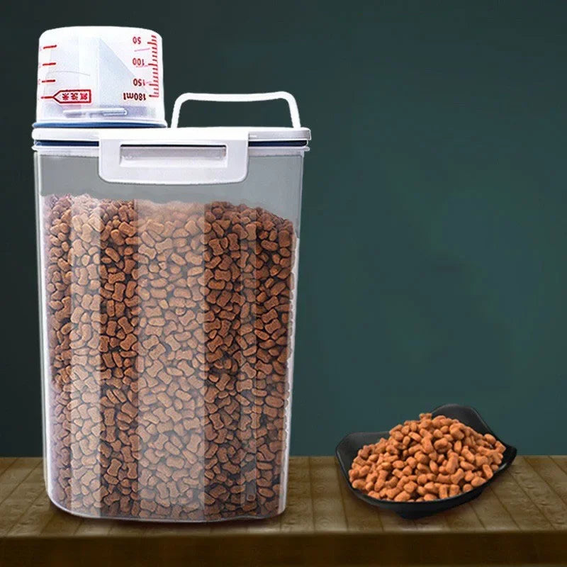 Dog Cat Food Pail Plastic Storage Tank with Measuring Cup Container Moisture-proof Sealed Jar Pet Supplies Accessories