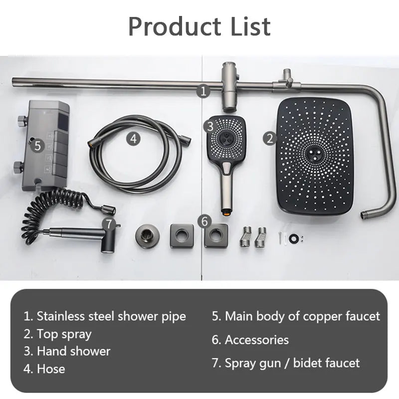 Top1 Piano Key Shower Set Gray Bathroom Digital Display Faucet Shower System Set Bathtub Hot and Cold 4 Functions Tap Shower Set