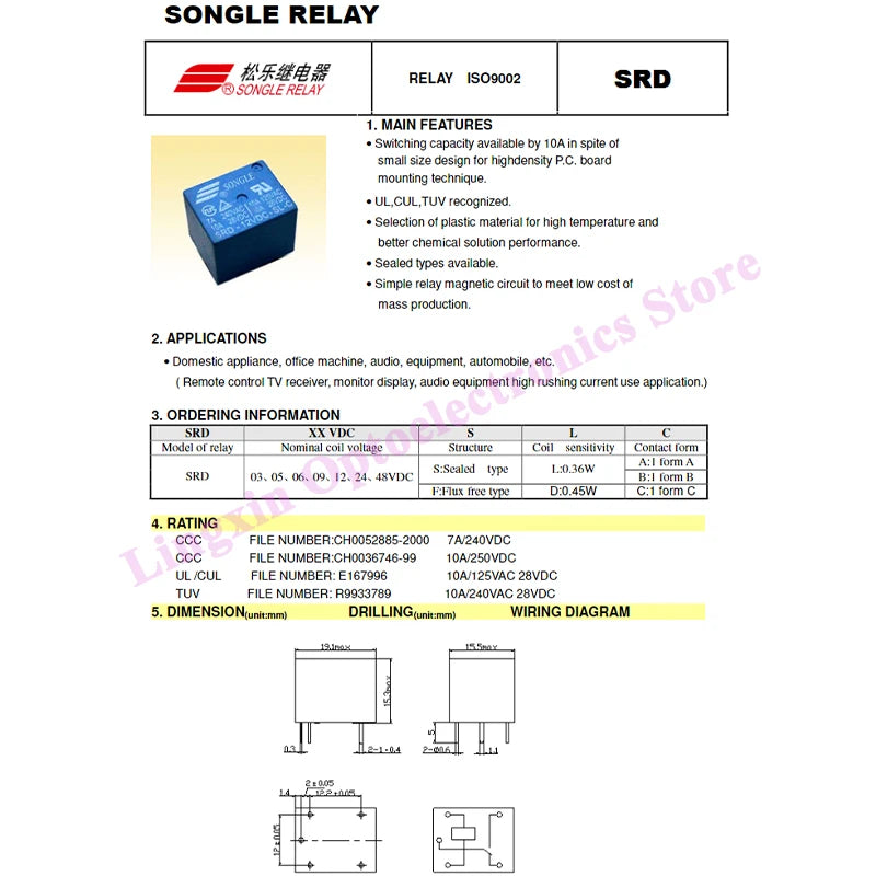 5Pcs power Relays SRD-03-SL-C SRD-05-SL-C SRD-12-SL-C SRD-24-SL-C SRD-48-SL-C 3V 5V 6V 9V 12V 24V 48V 10A 250VAC 5PIN T73