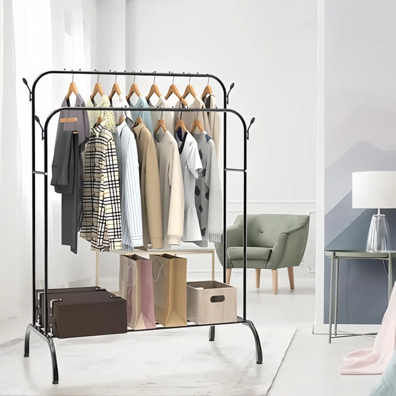 Double-track, double-rod storage rack, coat hanger, garment rack, display rack, shoe rack, clothes rail, adjustable height