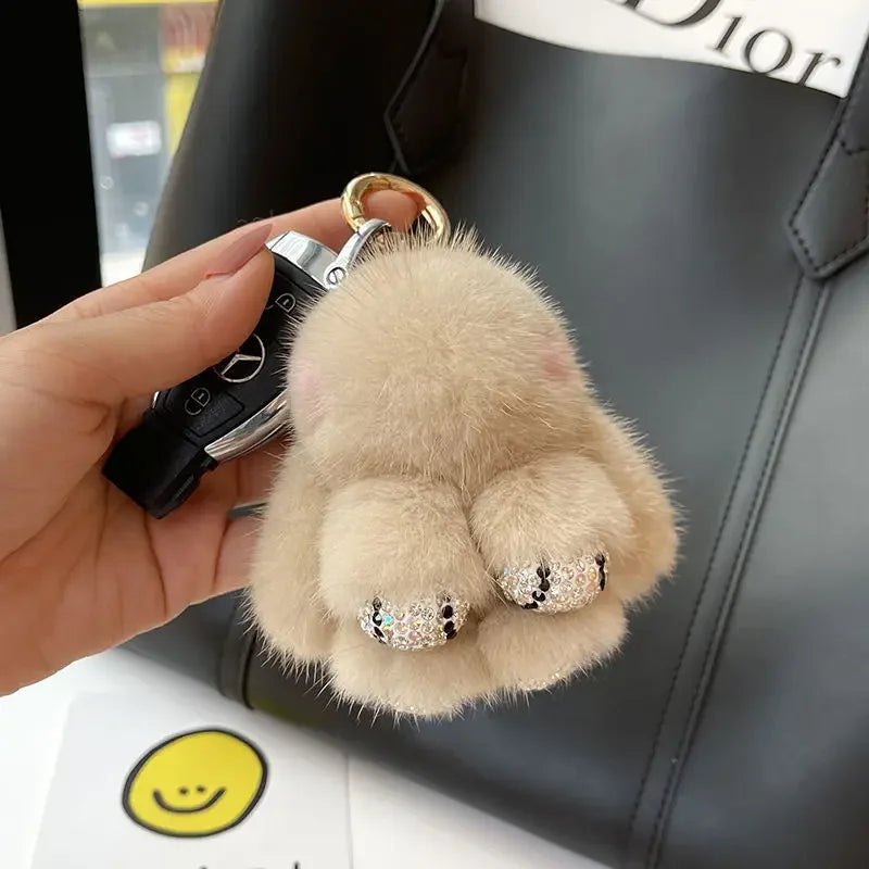 Cute Long Ear Bunny Keychain Real Mink Fur Rabbit Doll Pendant Toys Keyring Handbag Charm Ornament Pompom Plush Jewelry Gifts