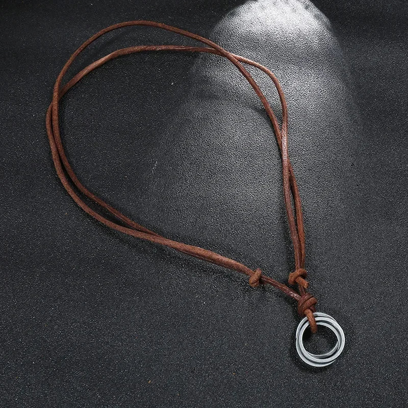 Vintage Men Women Circles Adjustable Leather Rope Necklace Pendant Jewelry Christmas Gift Initial Necklace