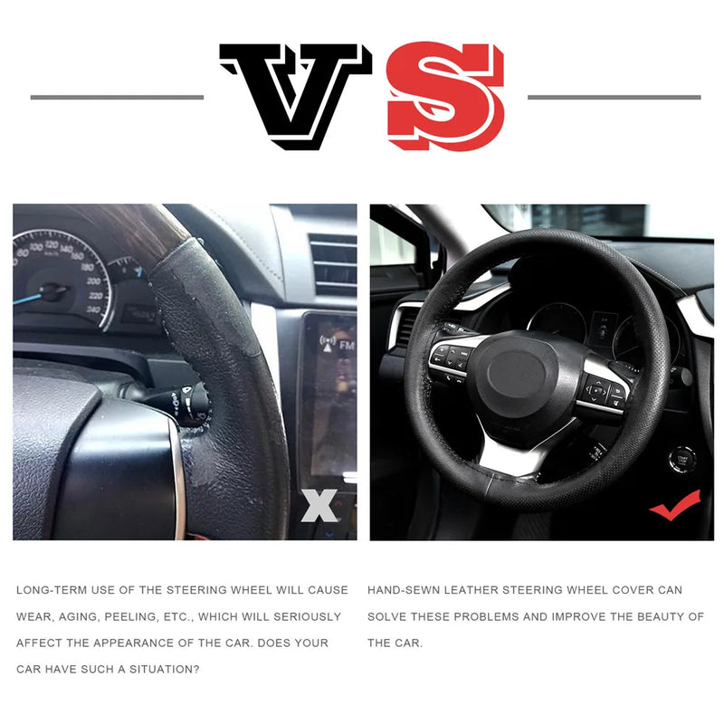 14.5" to 15" Steering Wheel Cover with Needle Thread DIY Hand Stitching Genuine Cowhide Leather Punched Breathable Car Styling