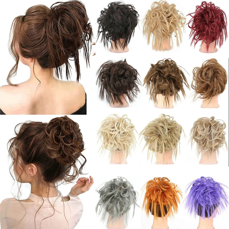 Synthetic Messy Fluffy Hair Bun Tousled Hairpiece Elastic Band Chignon Scrunchie Ponytail Extensions Hair Bow for women