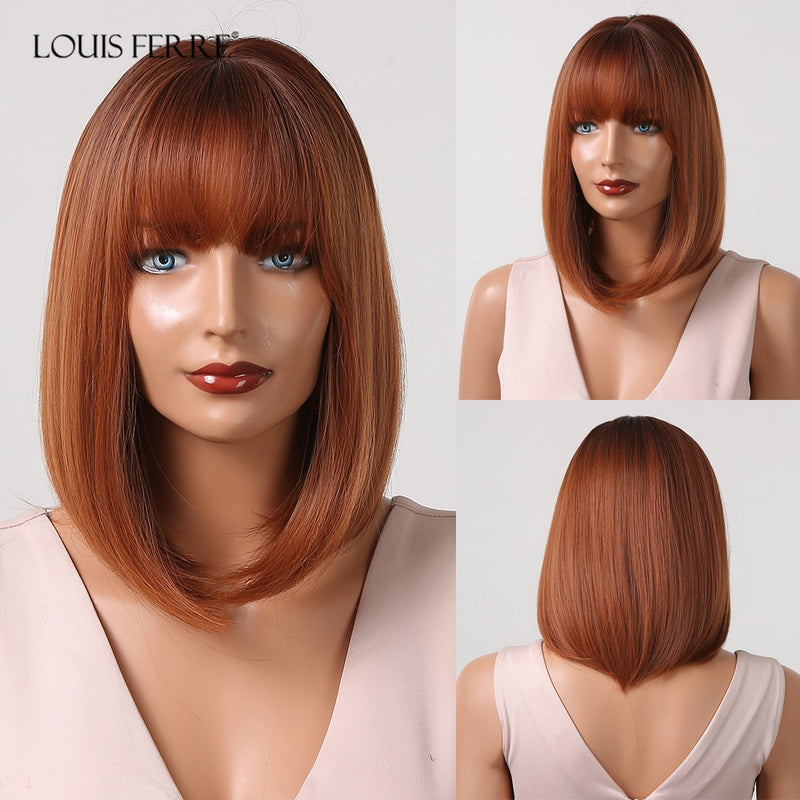 LOUIS FERRE Ombre Blonde Synthetic Wig with Bangs for Women Medium Length Layered Straight Bob Wigs Heat Resistant Daily Use Wig