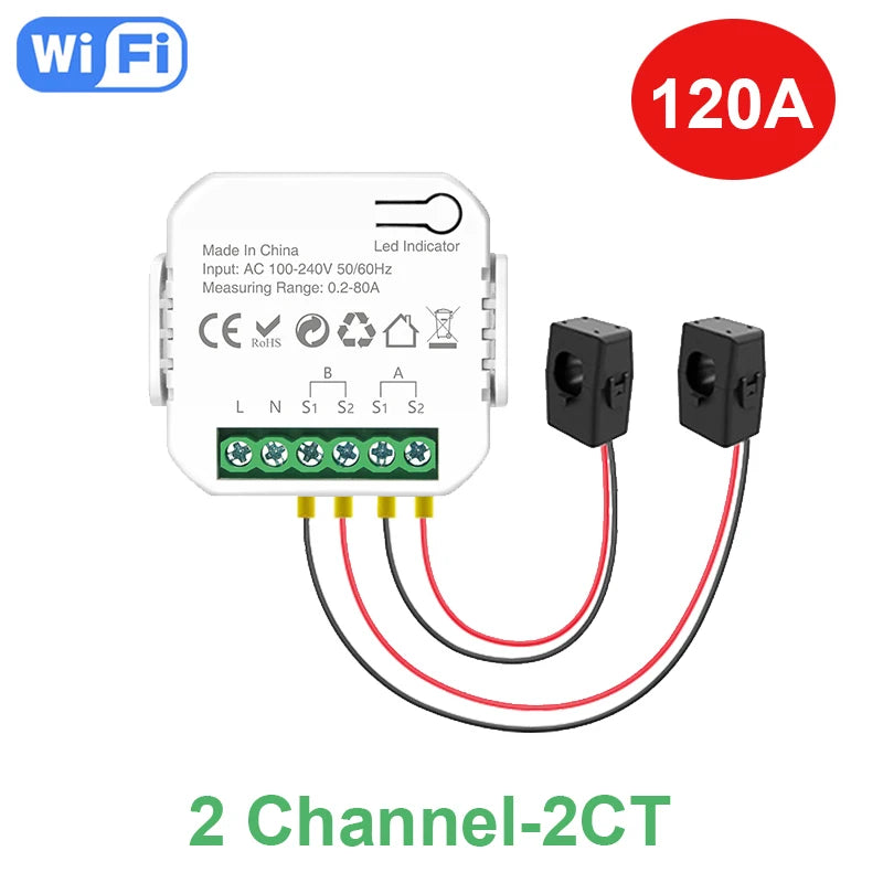 Tuya Smart Life WiFi Energy Meter 80A Bidirectional 2 Channel with Clamp App Monitor Solar Export and Import Power AC110V/240V