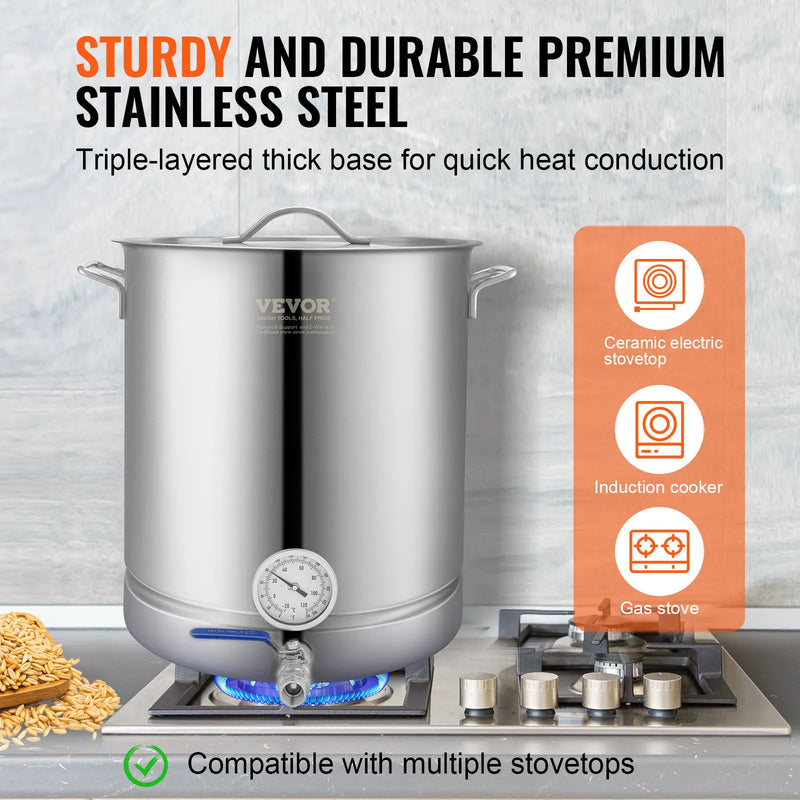 SucceBuy Stainless Steel Kettle 16 GALLON Brewing Pot Tri Ply Bottom for Beer Brew Kettle Pot Home Brewing Supplies Includes Lid