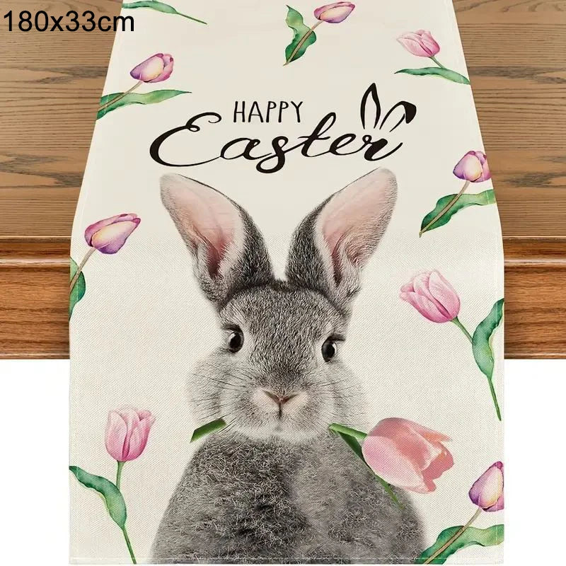2024 Easter Rabbit Table Runner Linen Bunny Dining Table Cloth Placemat Spring Holiday Happy Easter Decoration For Home Kitchen