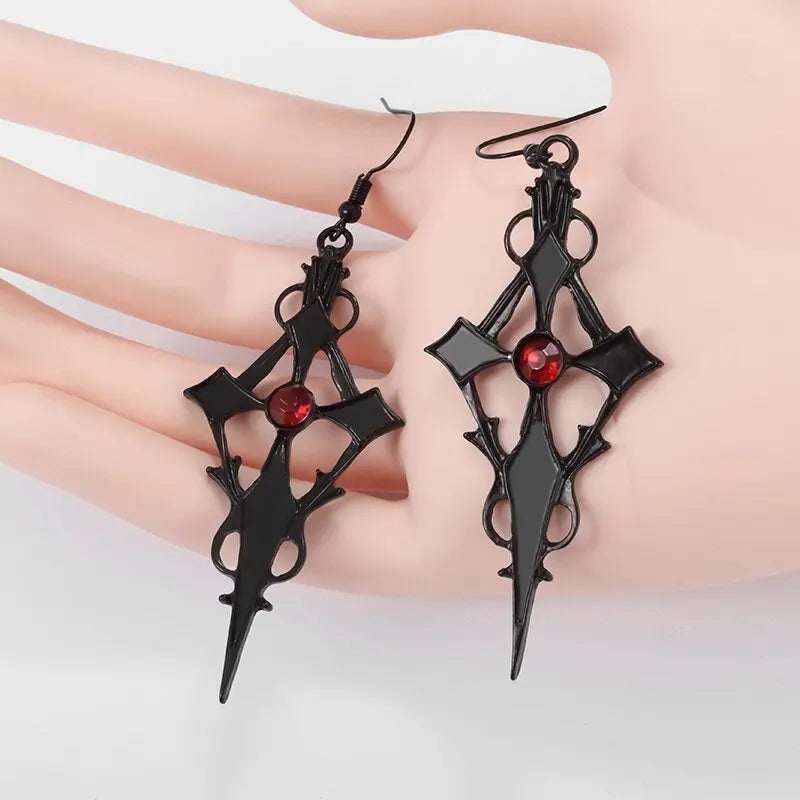 Vintage Black Pointed Cross Dagger Vampire Pendant Necklace Earrings Ladies Alternative Gothic Punk Halloween Jewelry Set