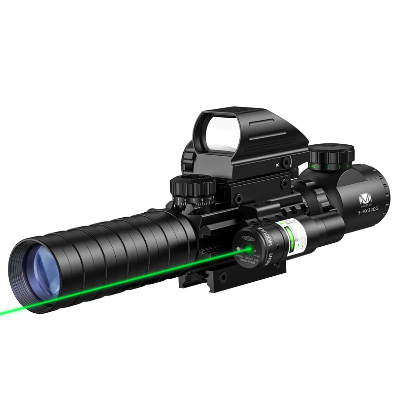 Riflescope 3-9x32 4-in-1 Scope Combo Green Laser Boresighter with Dual Illuminated Optics and 4 Holographic Sight