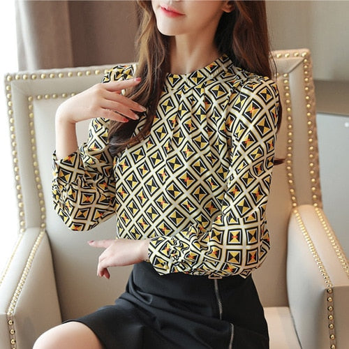 Korean Fashion Clothing Casual Long Sleeve Chiffon Blouse Women Print O-neck Blouse white black autumn tops 6053 50