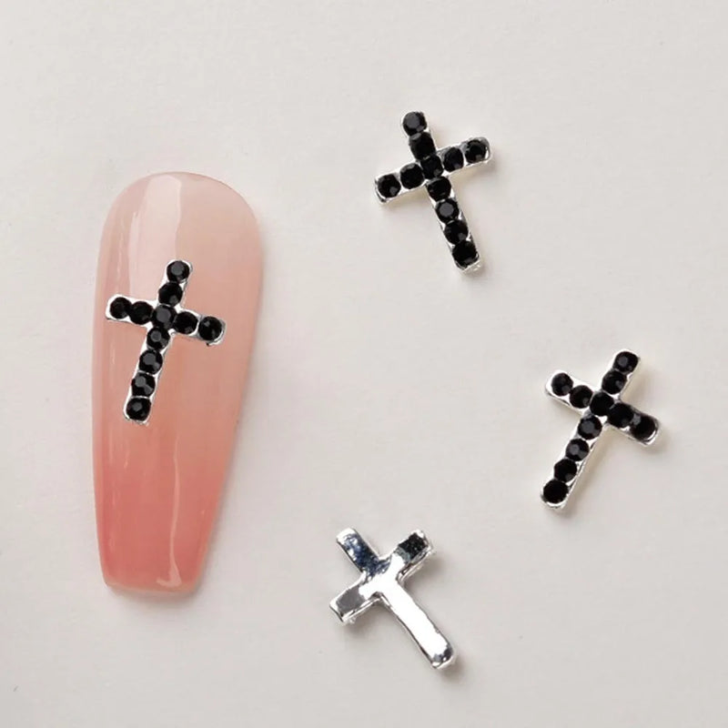 10Pcs/lot 3D Cross Alloy Nail Art Charms Silver/Black/Pink Rhinestone Christmas Halloween Diamond Jewelry Retro Punk Nail Parts