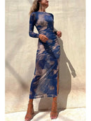 Tie Dye Printed Mesh See Through Women's Long Skirt Sexy Slim Fit Split Party Evening Dress 2024 Spring New Fashion Club Vest