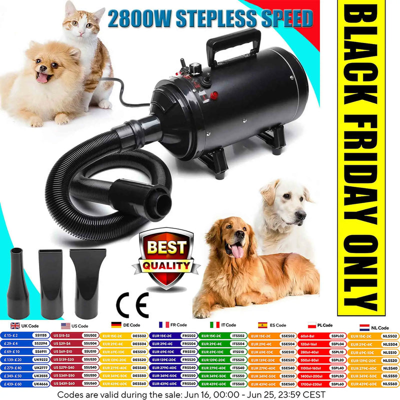 2800W Dog Blow Dryer Adjustable Speed Temperature Control with 3 Nozzles, Extendable Hose for Pet Hair Grooming, Vehicle Dryer