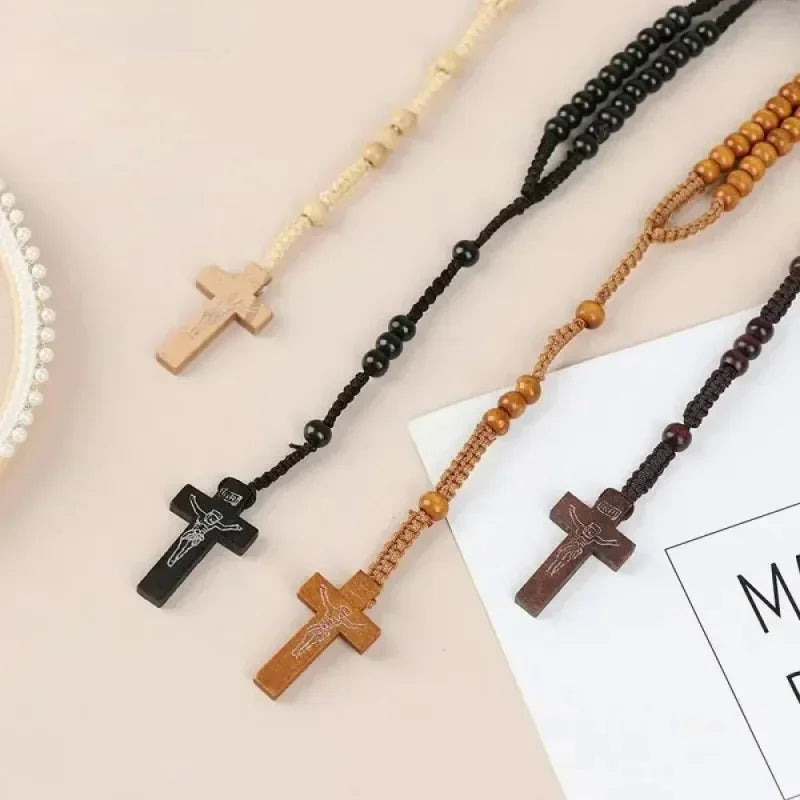 Hand Woven Jesus Christ 9mm Wooden Beads Cross Pendant Rosary Beads Necklace For Religious Orthodox Prayer Jewelry Wholesale