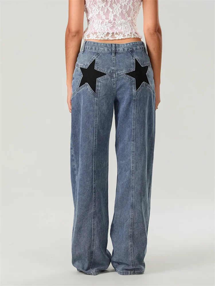 Women Fashion Jeans Star Pattern Loose Denim Pants Spring Fall Casual Low Waist Trousers Wide Leg Pants