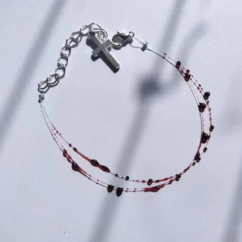 Gothic Punk Style Blood Droplet Bracelet Titanium Steel Cross Double Layer Bracelet for Women Bracelet Party Jewelry Accessories