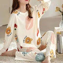 2 Piece Set Long-Sleeved Pyjamas Women Silk Sleepwear Autumn and Winter Korean Version Large Size Ladies Cartoon Bear Home Wear