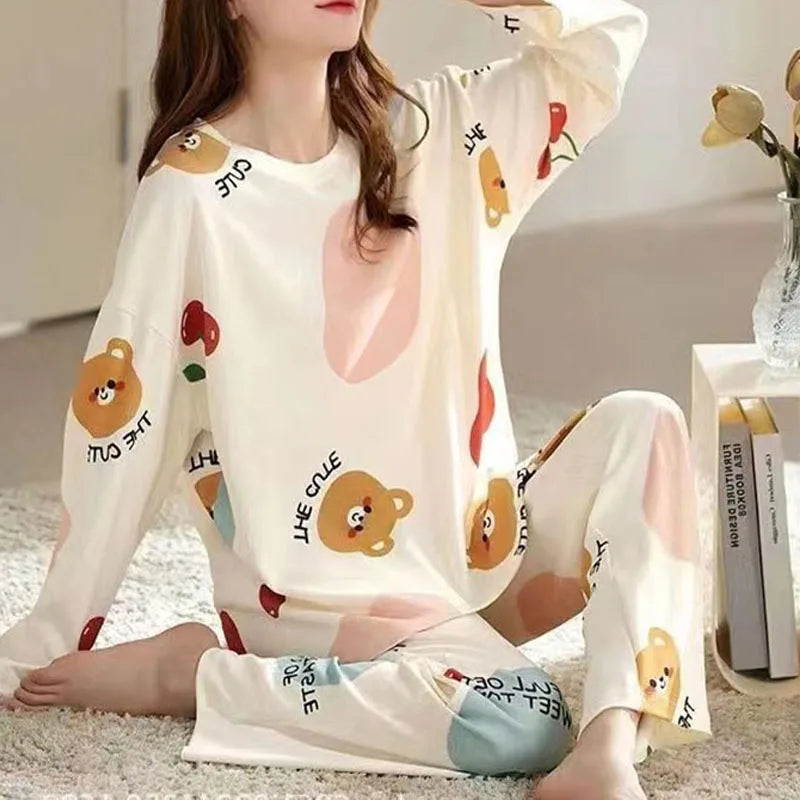 2 Piece Set Long-Sleeved Pyjamas Women Silk Sleepwear Autumn and Winter Korean Version Large Size Ladies Cartoon Bear Home Wear