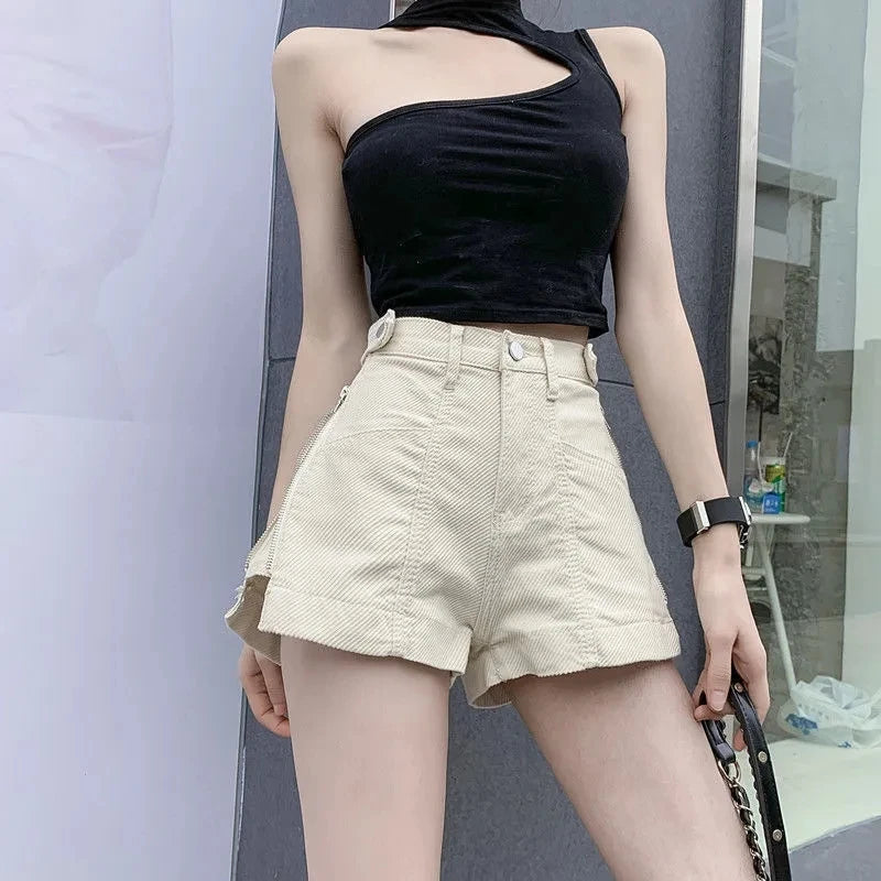 Chic Design Zipper Shorts Jeans Women Loose High Waist Short Vaqueros New Summer Y2k Beige Pants Streetwear Denim Wide Leg Pant