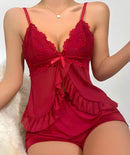 Sexy Pajamas Red Lace Set Women Sleepwear Top Suits With Shorts Underwear Summer New Home Clothes Soft Sleeveless Nightwear