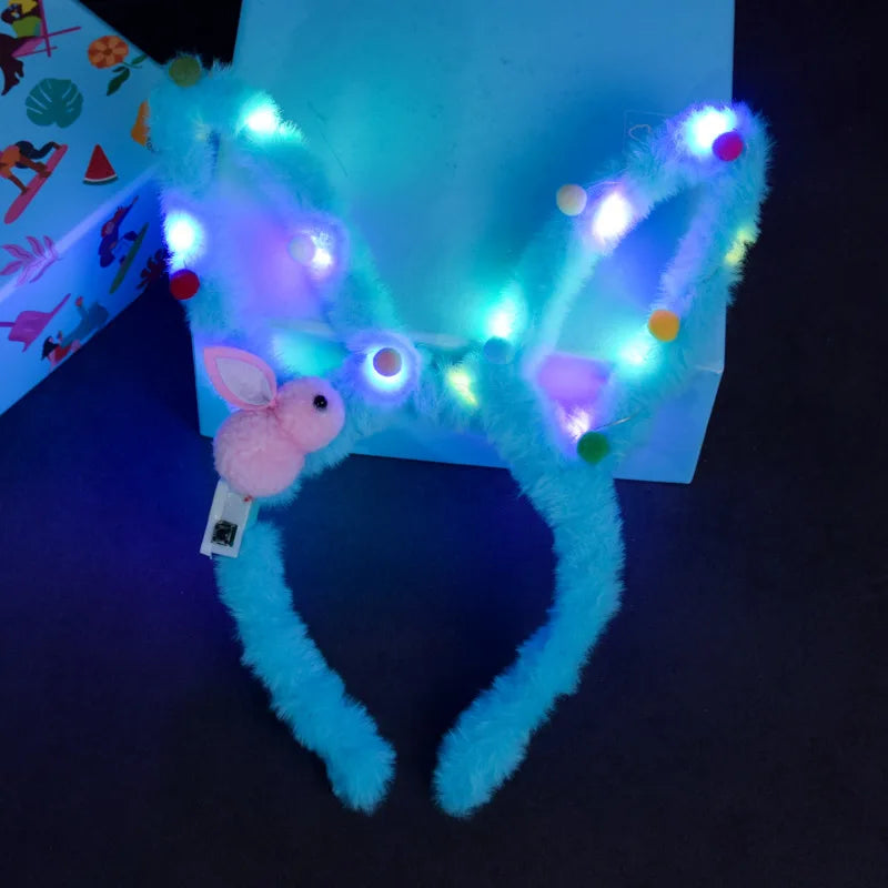 LED 14 Lamp Long Rabbit Ear Headband  Flashing Colorful String Lamp Luminous Hairband Birthday Party Christmas Easter Headband