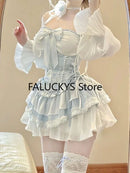 2024 Summer Blue Lolita Clothing Suit Slim Vest + Kawaii Y2k Mini Dress Elegant Short Party Dress Japanese Style Fashion Suit