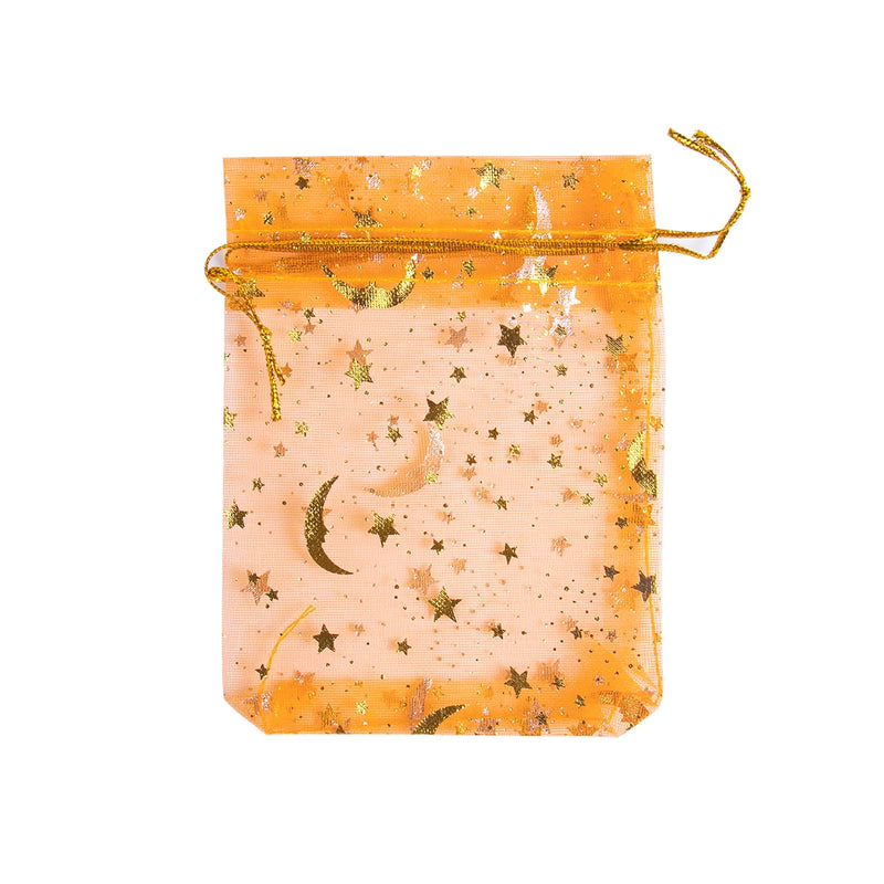 50Pcs Eid Mubarak Decoration Mesh Bag Organza Hot Stamping Silver Star Moon Candy Gift Drawstring Packaging Bag Party Supplies