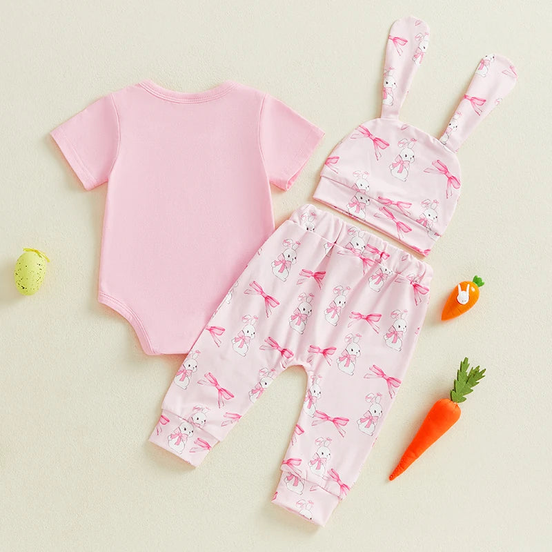 Adorable Baby Girls Easter Bunny Outfit Set with Romper Pants and Hat - Short Sleeve with Bow Pattern - 3 Pieces